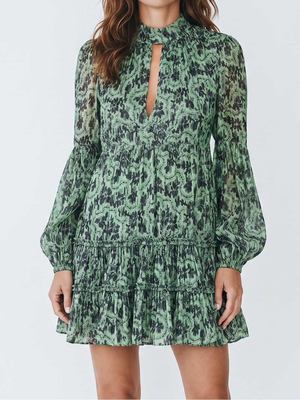 Cinq à Sept Green Metallic Floral Tiered Mini Dress M Romantic Party Cocktail